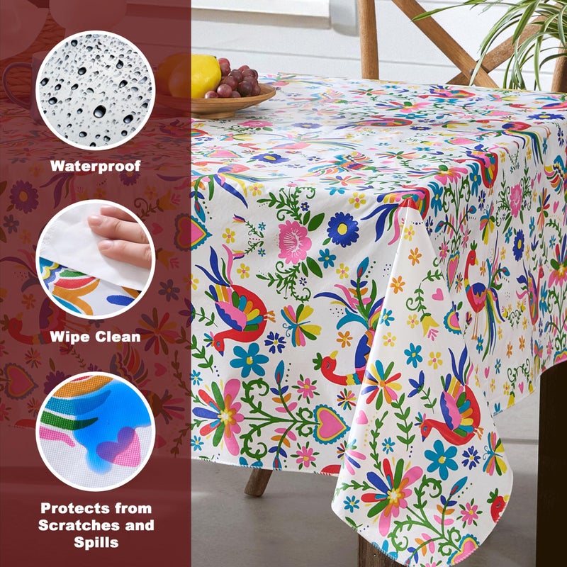 Newbridge Spring and Easter Spring Holiday Otomi Folk Art Vinyl Tablecloth, 60 x 102 Inch Rectangle, Colorful Birds, Hearts and Flowers Print, Flannel Backed Wipe Clean Table Cover for Dining - Image 3
